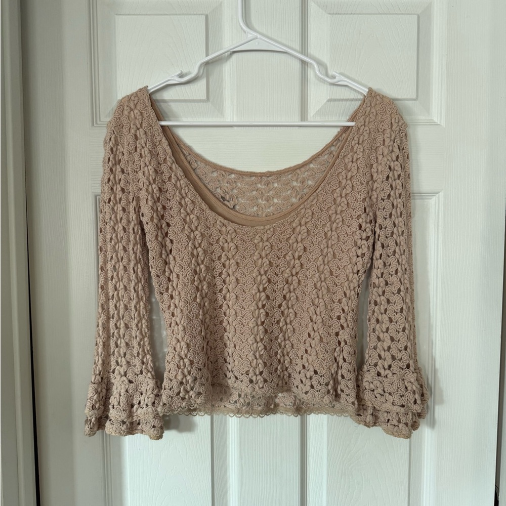 Free People Crochet Bell Sleeve Top in Beige - Picture 2 of 3